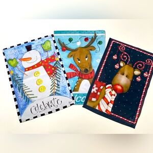 Winter Snowman and Reindeer garden flags set of 3